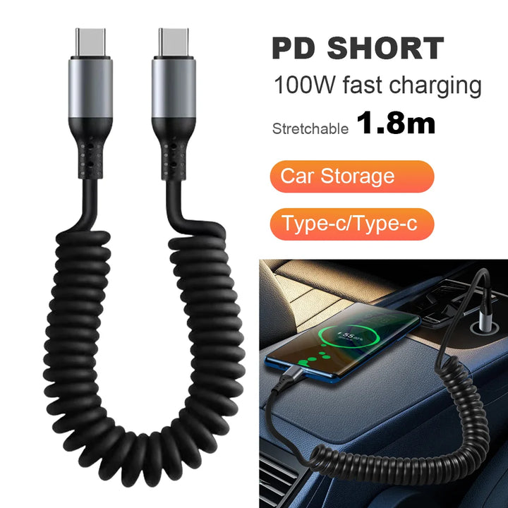Spring Short USB-C Fast Charging Cable – 100W/66W/27W, 6A Telescopic Design