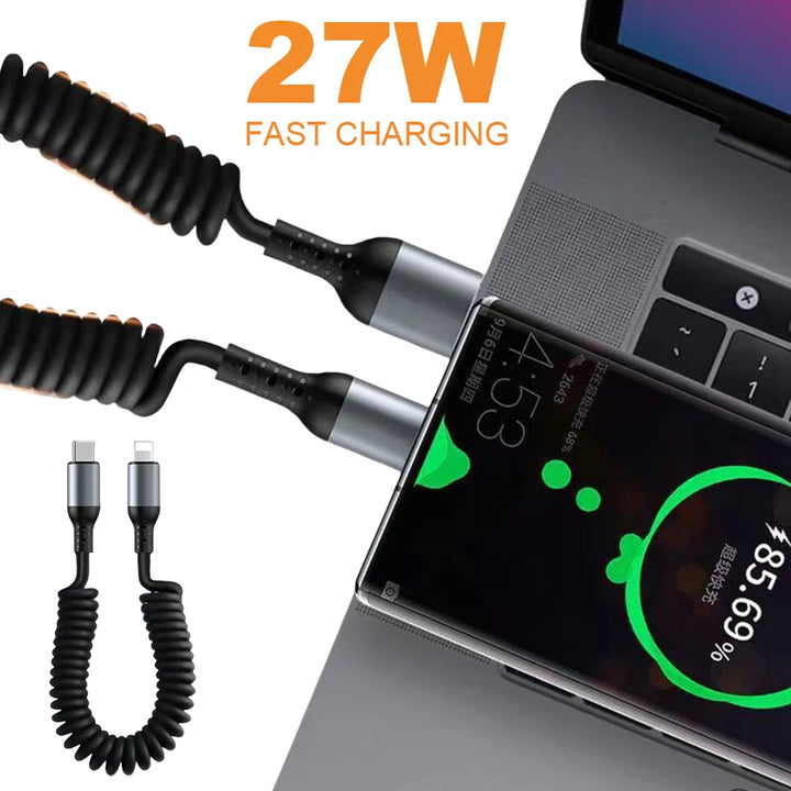 Spring Short USB-C Fast Charging Cable – 100W/66W/27W, 6A Telescopic Design