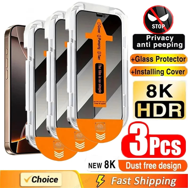 3-Pack Privacy Screen Protectors for iPhone 11–16 Series – Anti-Spy Tempered Glass, Easy Installation